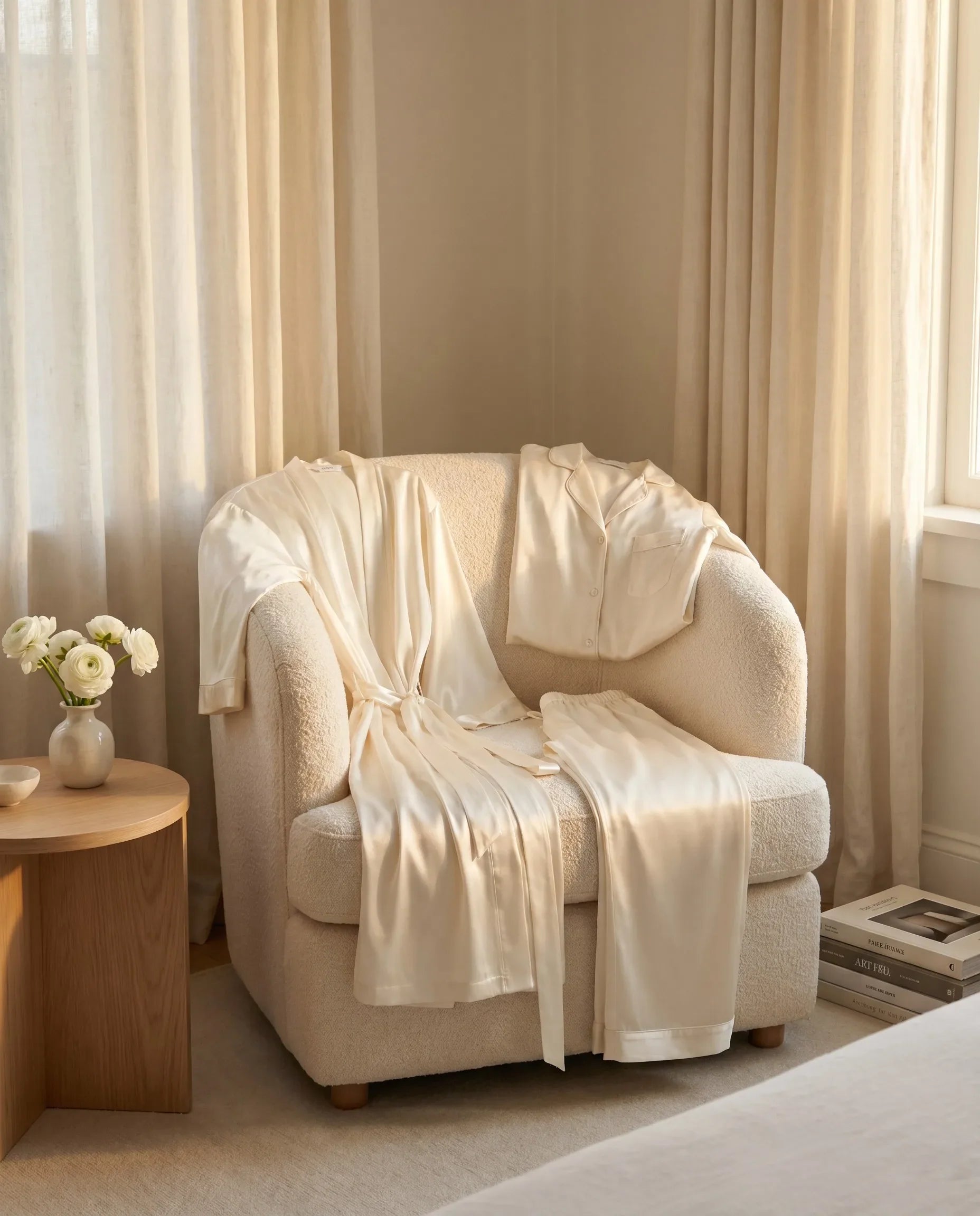 Resort silk sleepwear in warm natural light