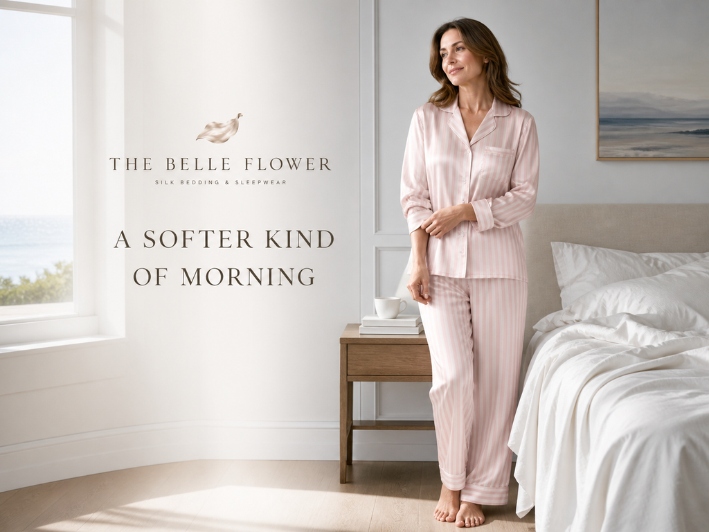 The Belle Flower pink stripe silk pajama campaign