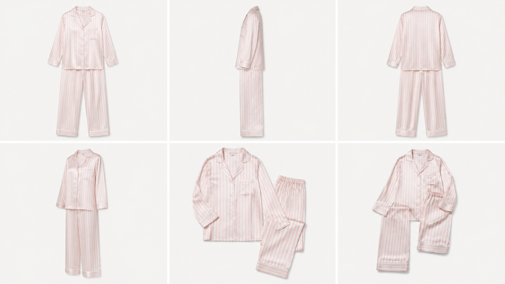 Pink stripe silk pajama set from multiple angles