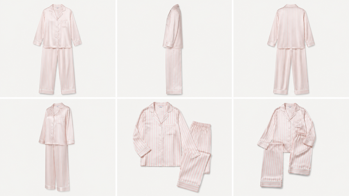 Pink stripe silk pajama set from multiple angles