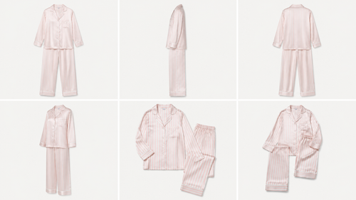 Pink stripe silk pajama set from multiple angles