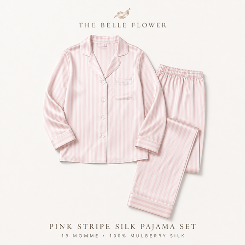 Pink stripe 19 momme silk pajama set product overview