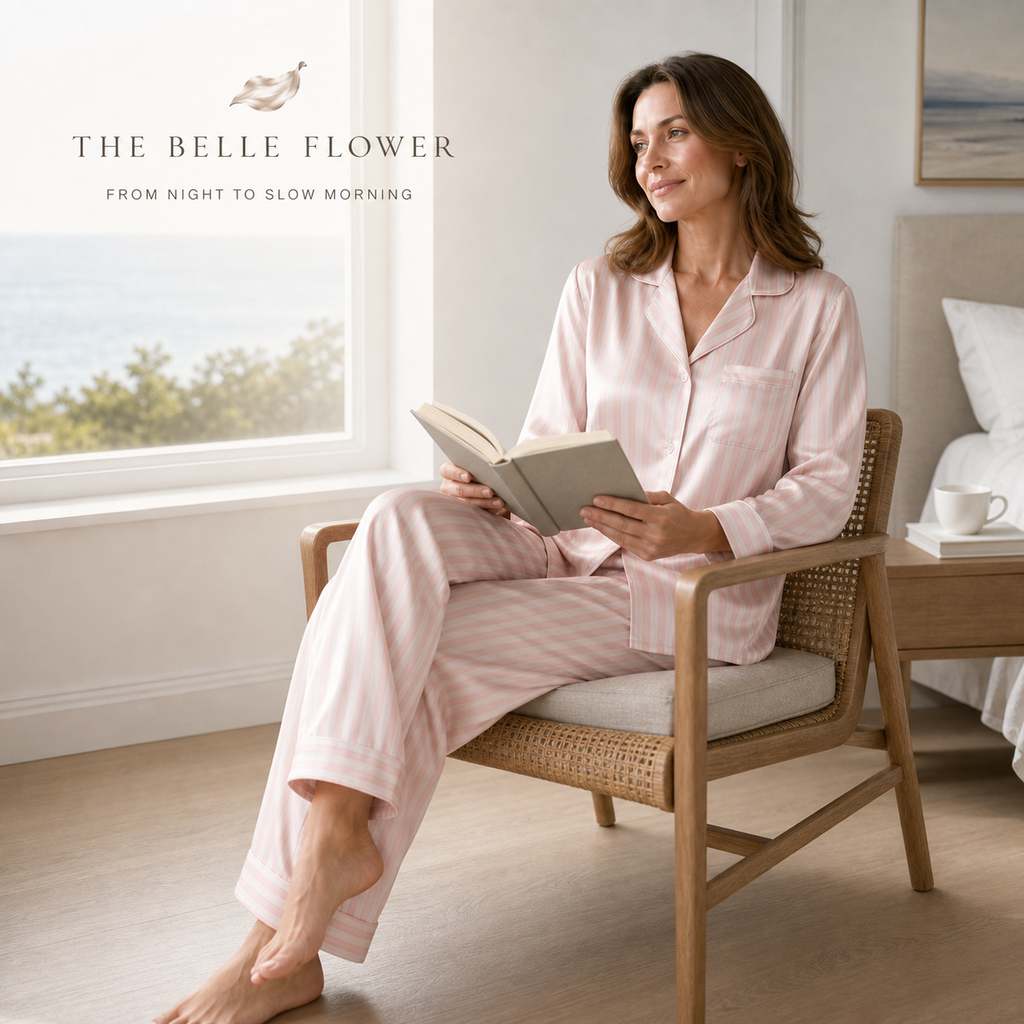 Pink stripe silk pajamas in a calm morning bedroom