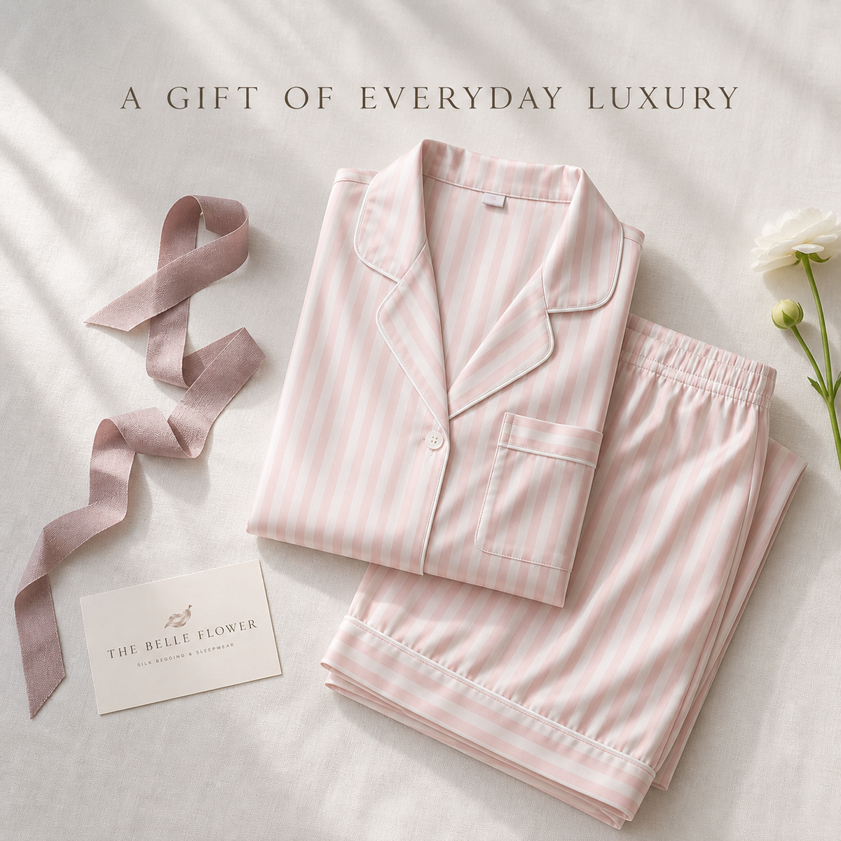 Pink stripe silk pajamas arranged for thoughtful gifting