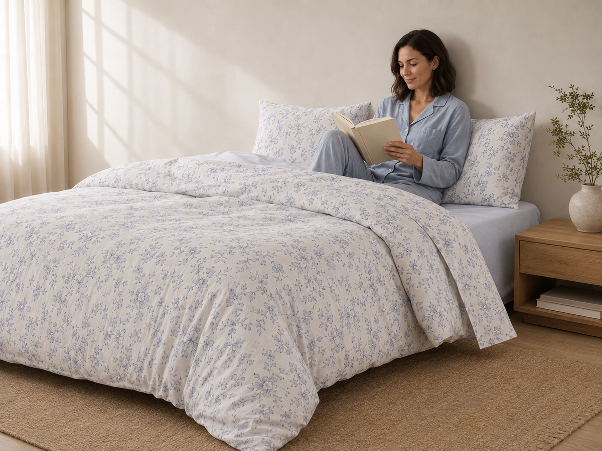 Quiet Garden bedding in a calm softly lit bedroom