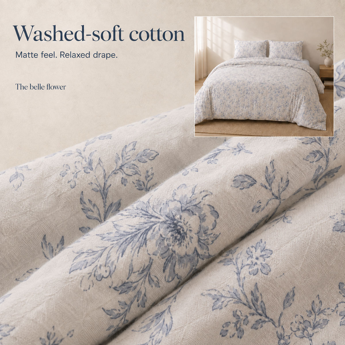 Quiet Garden washed-cotton texture and botanical linework