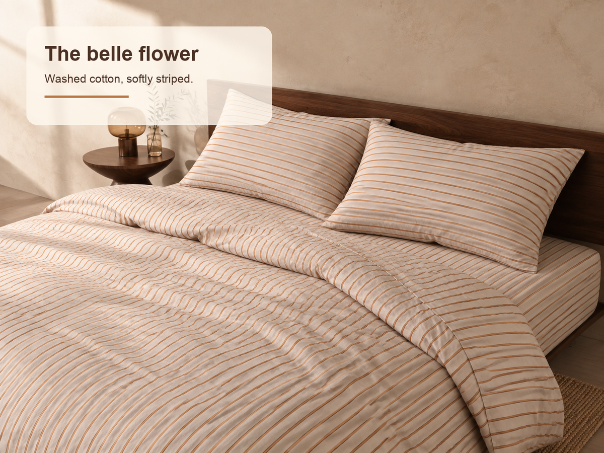 The Belle Flower warm ivory stripe bedding campaign