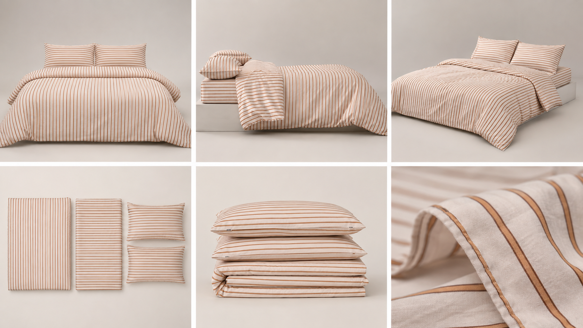 Warm ivory stripe bedding set from multiple views