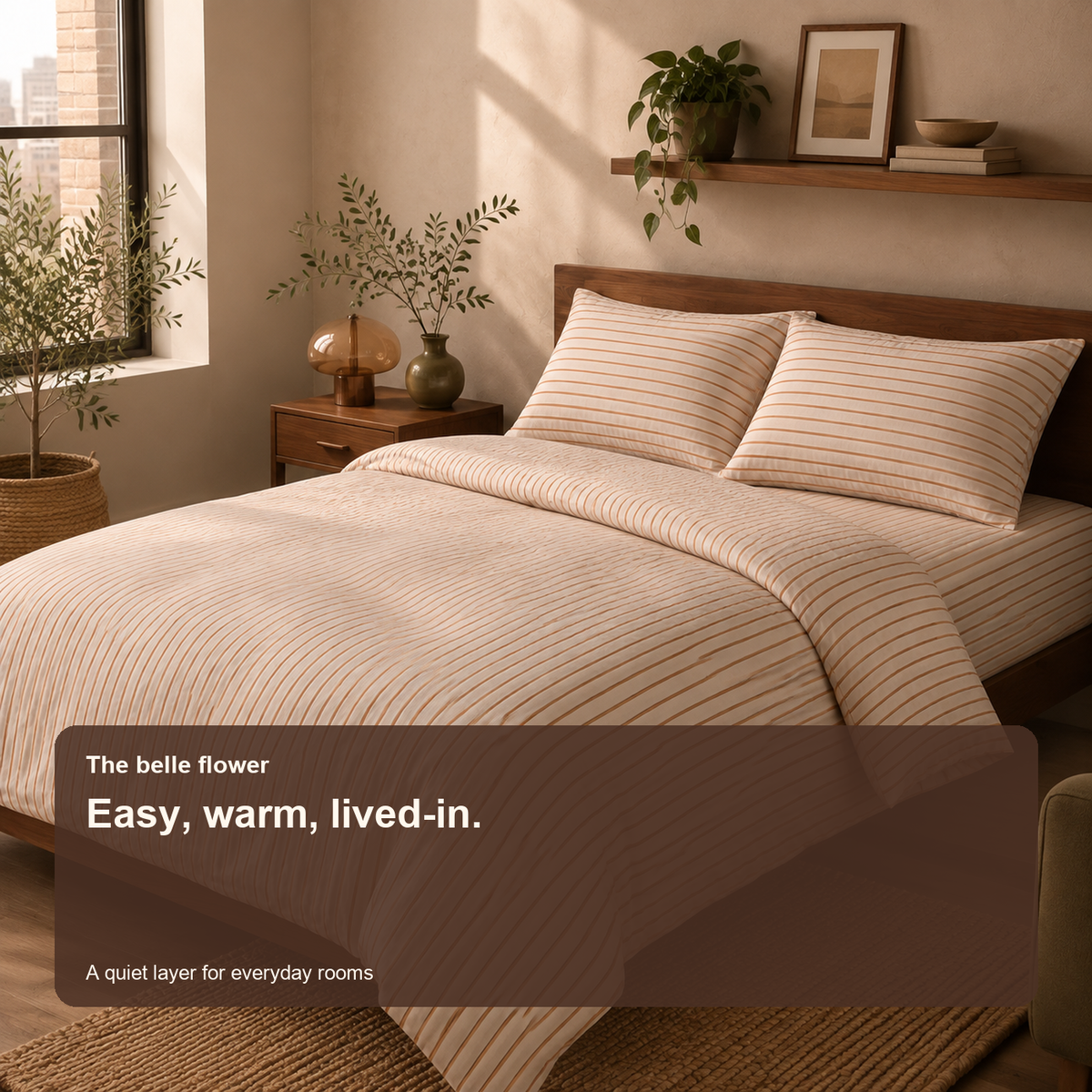 Warm ivory stripe bedding in a real-room scene