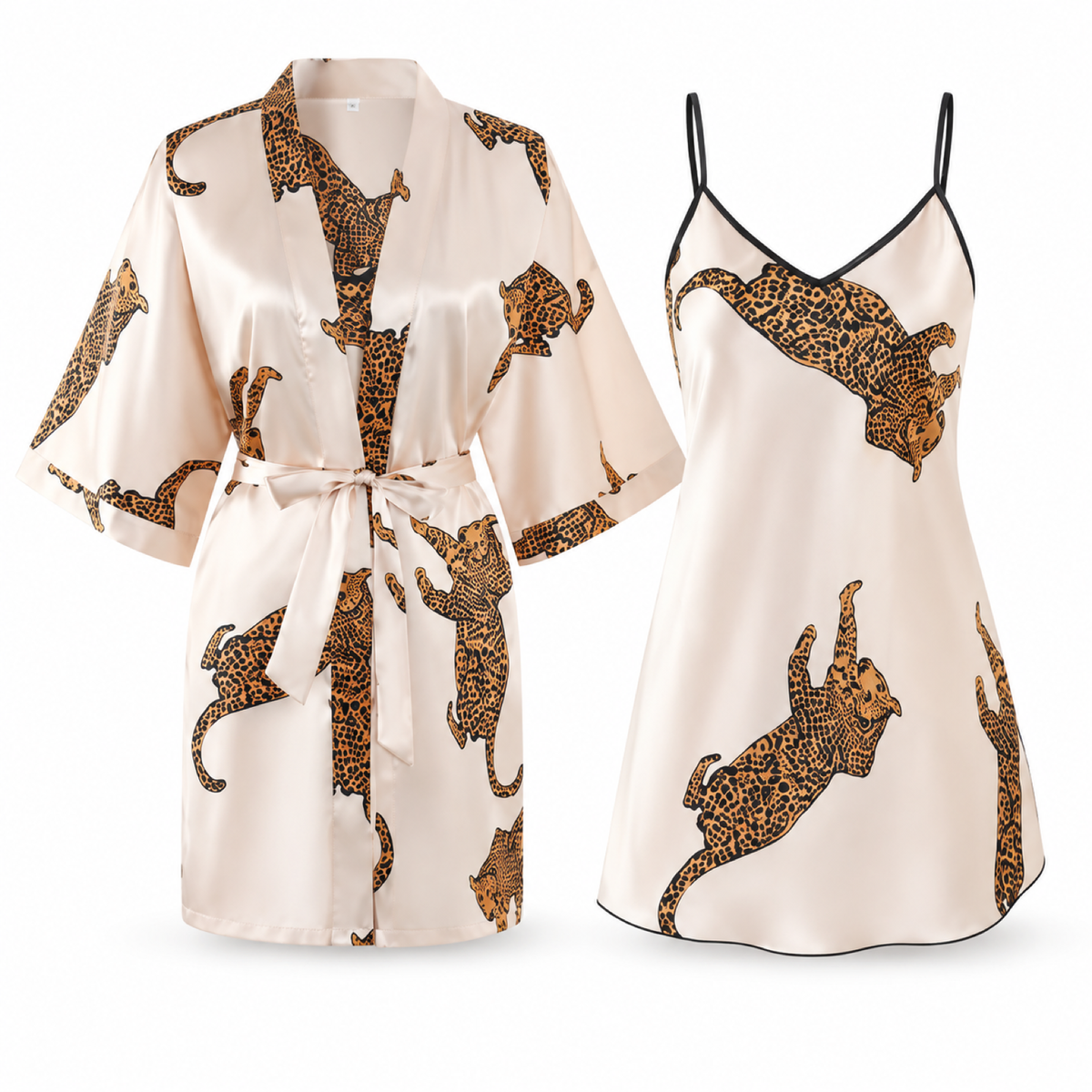 Champagne vintage leopard robe and slip set