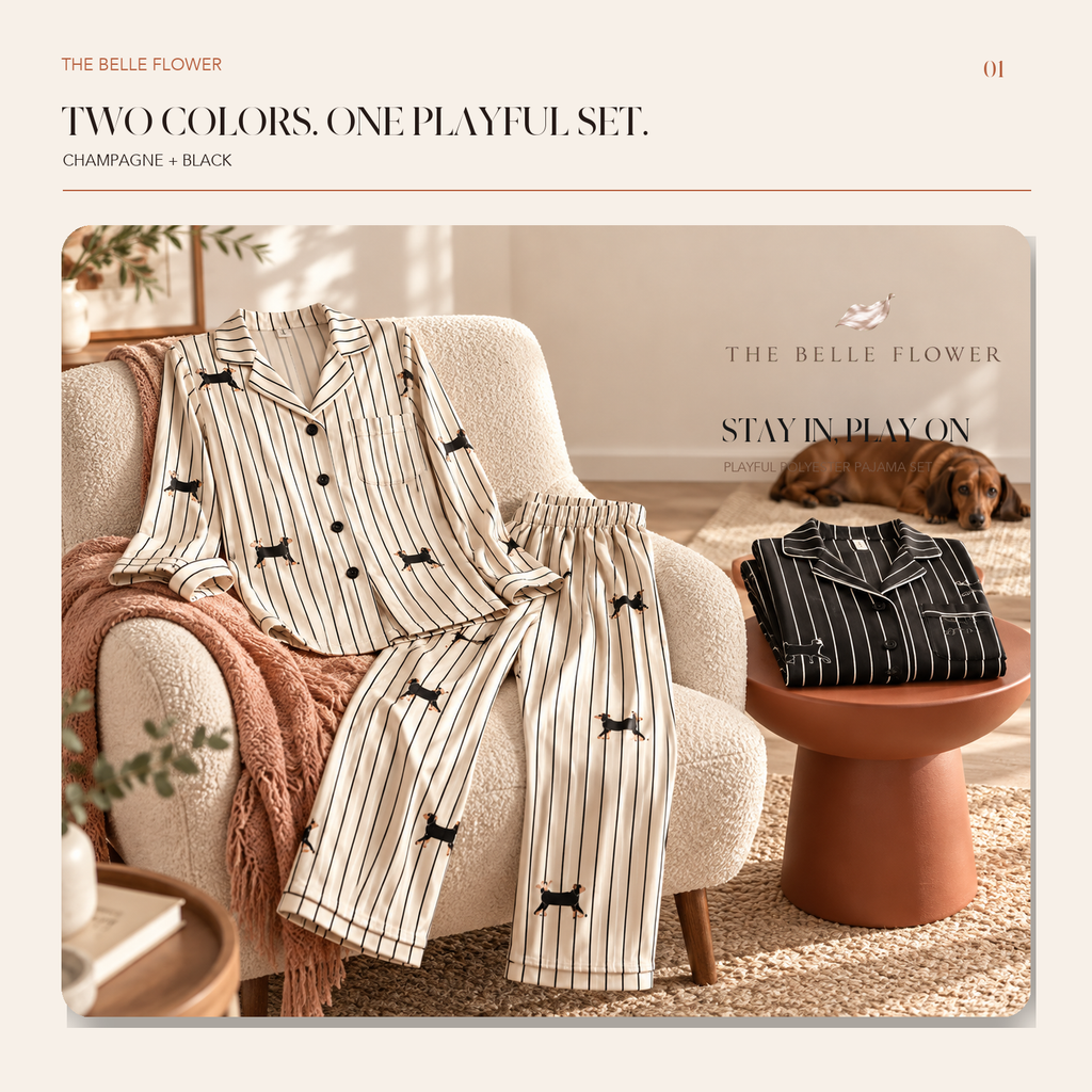 Dachshund stripe pajama collection with black set folded