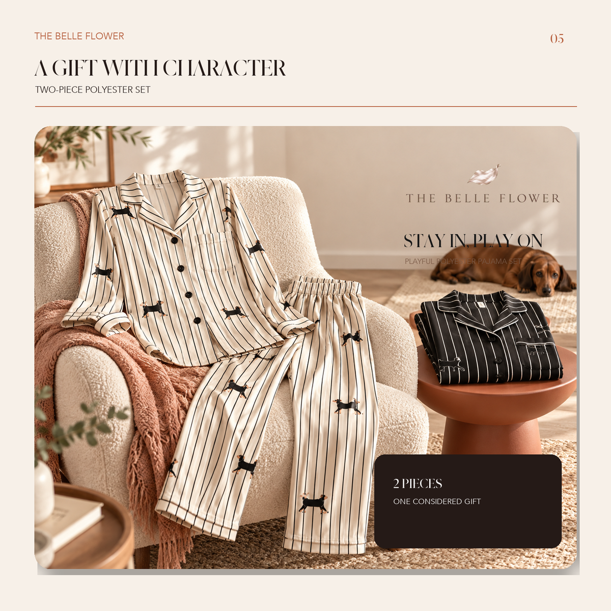 Two-piece dachshund stripe pajama collection with black set folded