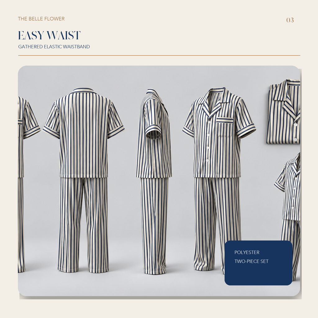 Blue striped pajama set construction details