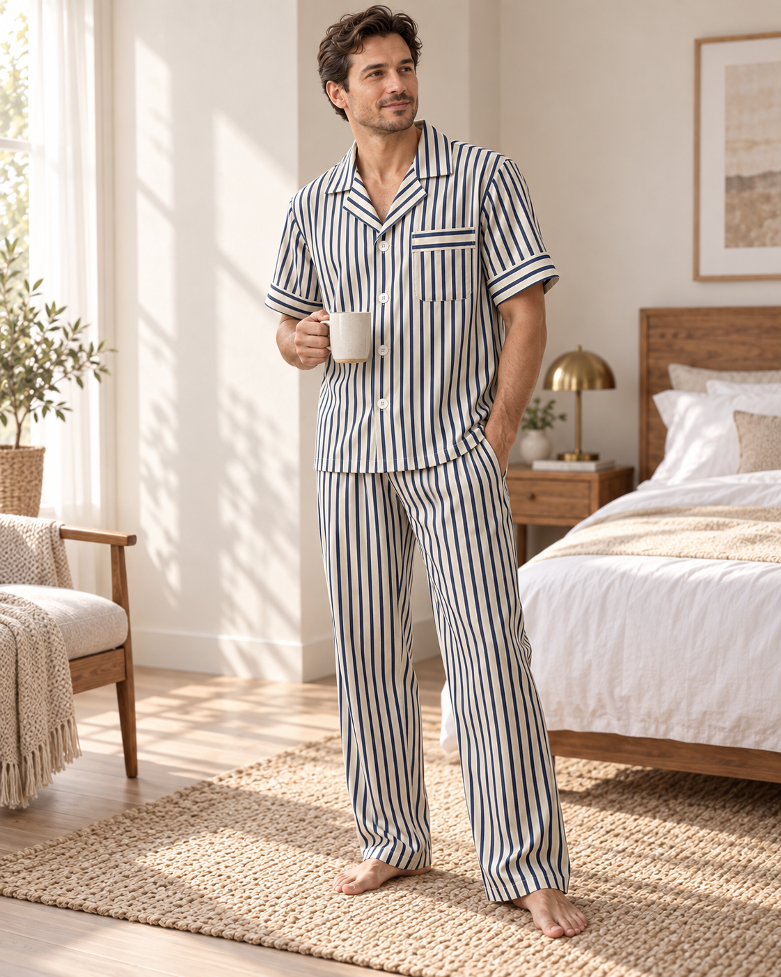 Model wearing blue Harbor Stripe pajama set